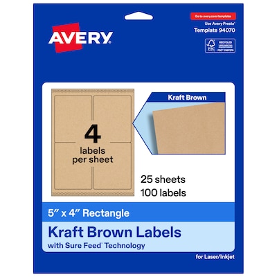 Avery Rectangle Laser/Inkjet Multipurpose Labels, Kraft Brown, 4 Labels/Sheet, 25 Sheets/Pack (19479311152)