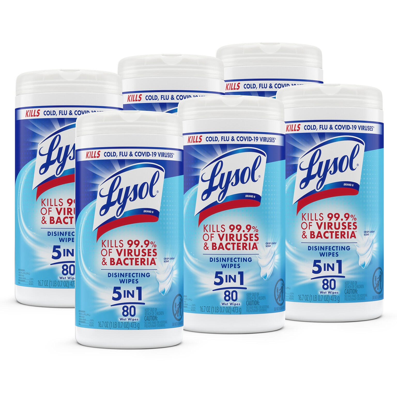 Lysol Disinfecting Wipes, Crisp Linen Scent, 80 Wipes/Canister, 6 Canisters/Carton (1920089346CT)