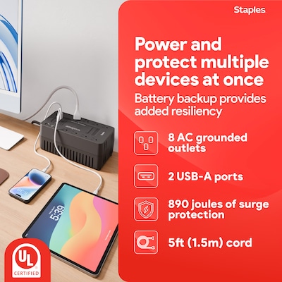 Staples TECH 650VA 8-Outlet Battery Back-Up & Surge Protector Standby UPS, Black (ST62784)