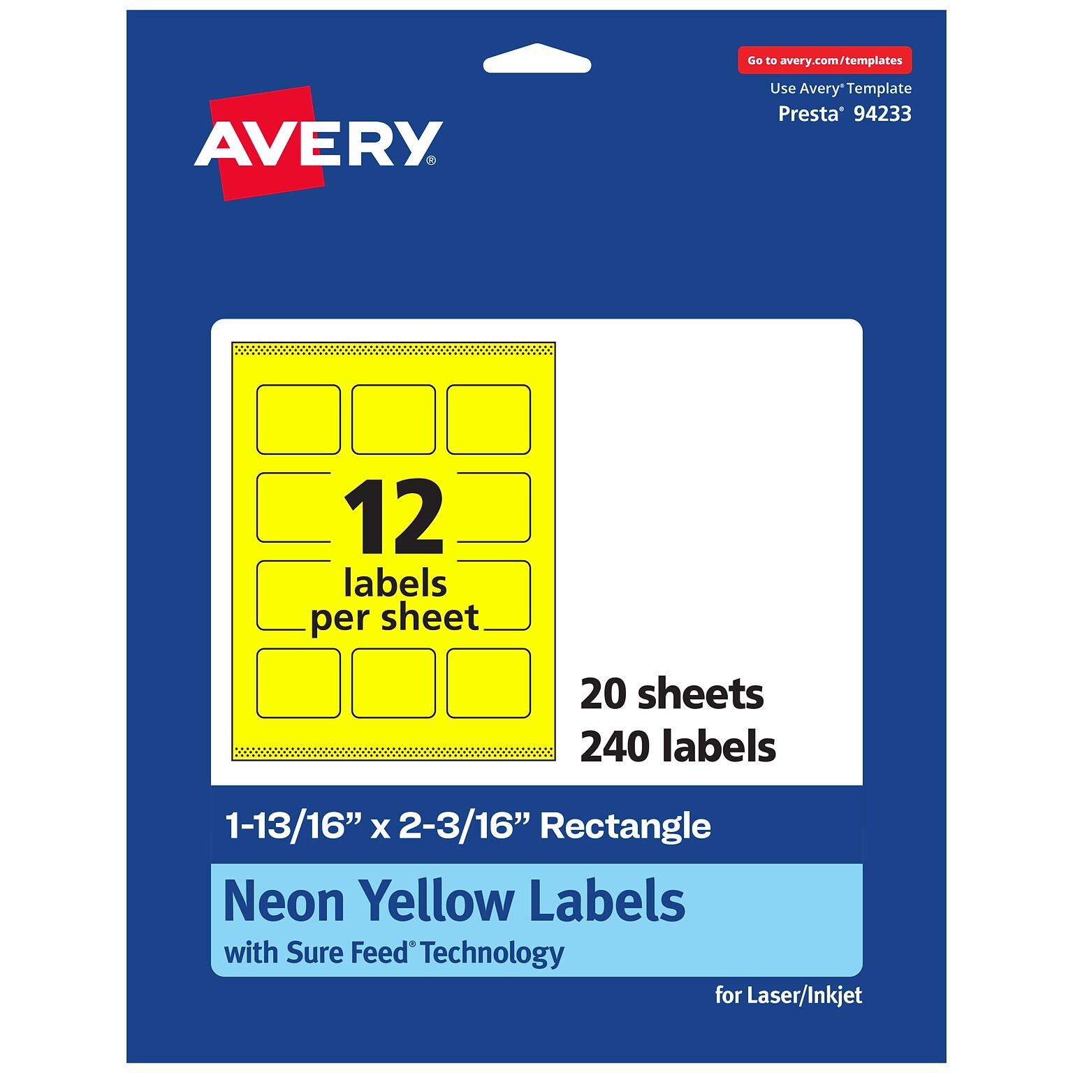 Avery Rectangle Laser/Inkjet Multipurpose Labels, 1-13/16 x 2-3/16, Neon Yellow (240/Pack)