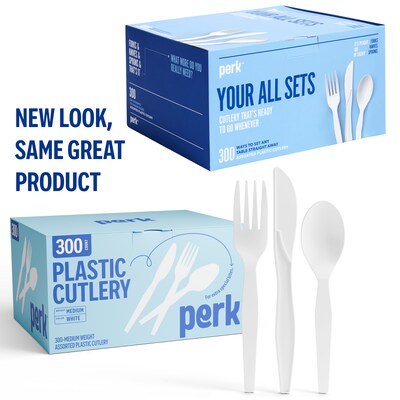 Perk™ Polystyrene Assorted Cutlery, Medium-Weight, White, 300/Pack (PK56406)
