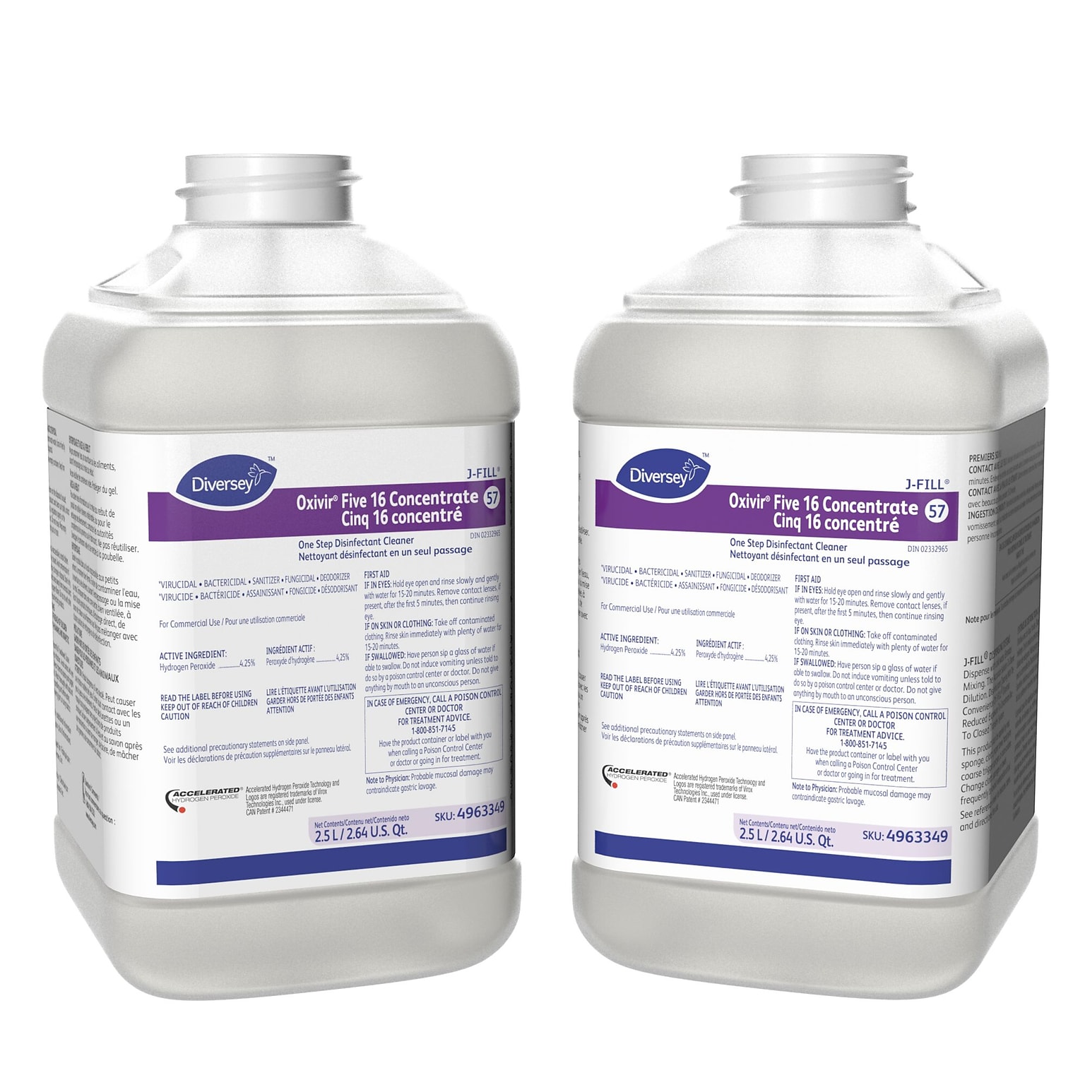 Oxivir Five 16 Disinfectant for Diversey J-Fill, 2.5 L / 2.64 U.S. Qt., 2/Carton (4963331)