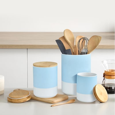 Gourmet Edge 3PC: Blue ceramic canisters organize your office.