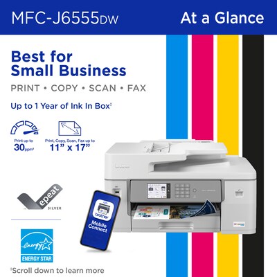 Brother INKvestment Tank MFC-J6555DW Wireless Color Inkjet Printer, All-In-One Supertank, Print, Scan, Copy, Fax