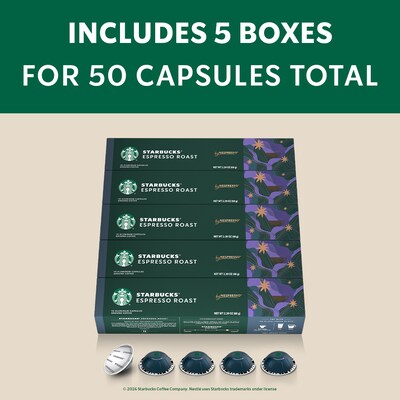 Nespresso Starbucks Espresso Roast Coffee Nespresso Vertuo Capsules, Dark Roast, 50/Pack (163923)