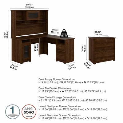 Bush Furniture Cabot 60"W L Shaped Computer Desk with Hutch and Lateral File Cabinet, Modern Walnut (CAB005MW)