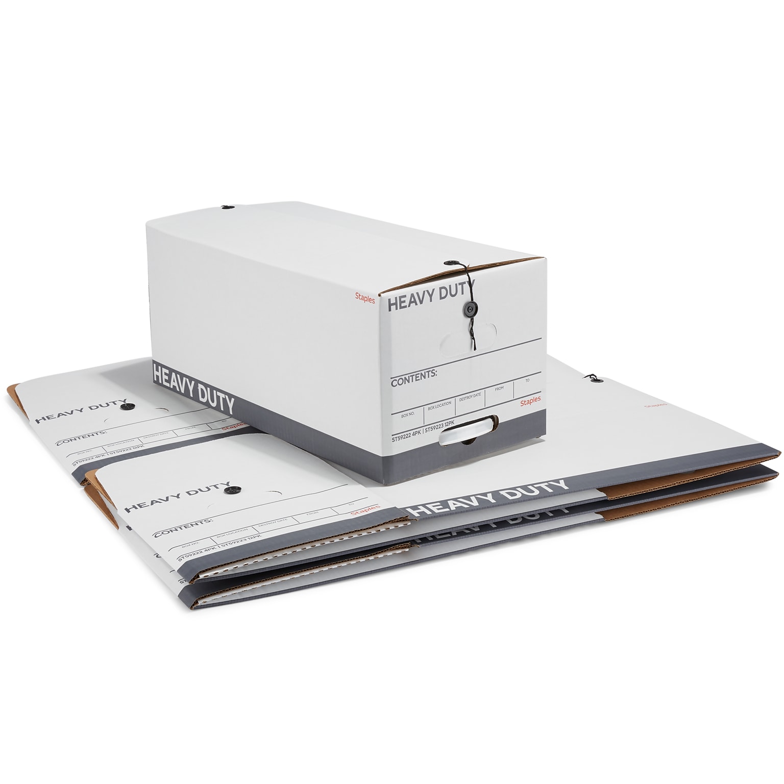 Staples Heavy Duty File Box, String and Button Lid, Letter, White/Gray, 4/Pack (TR59222)
