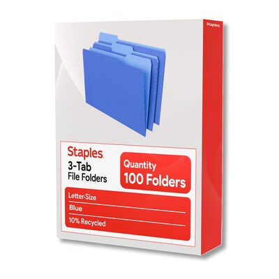 Staples File Folders, 1/3-Cut Tab, Letter Size, Blue, 100/Box (ST224527-CC)