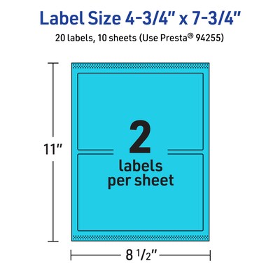 Avery Printable Rectangle Multipurpose Labels, 4.75" x 7.75", Bright Blue, 20/Pack (94255)