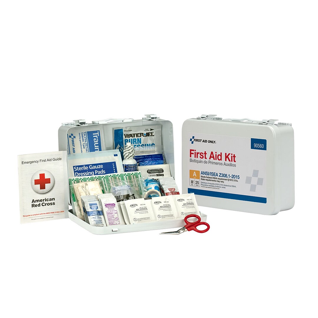 First Aid Only Bulk Metal First Aid Kit, ANSI A/ANSI 2015, 25 People, 89  Pieces, White (90560) | Quill.com