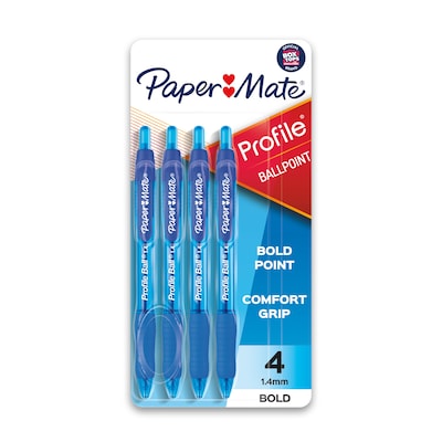 Paper Mate Profile Retractable Ballpoint Pen, Bold Point, Blue Ink, 4/Pack (89472)