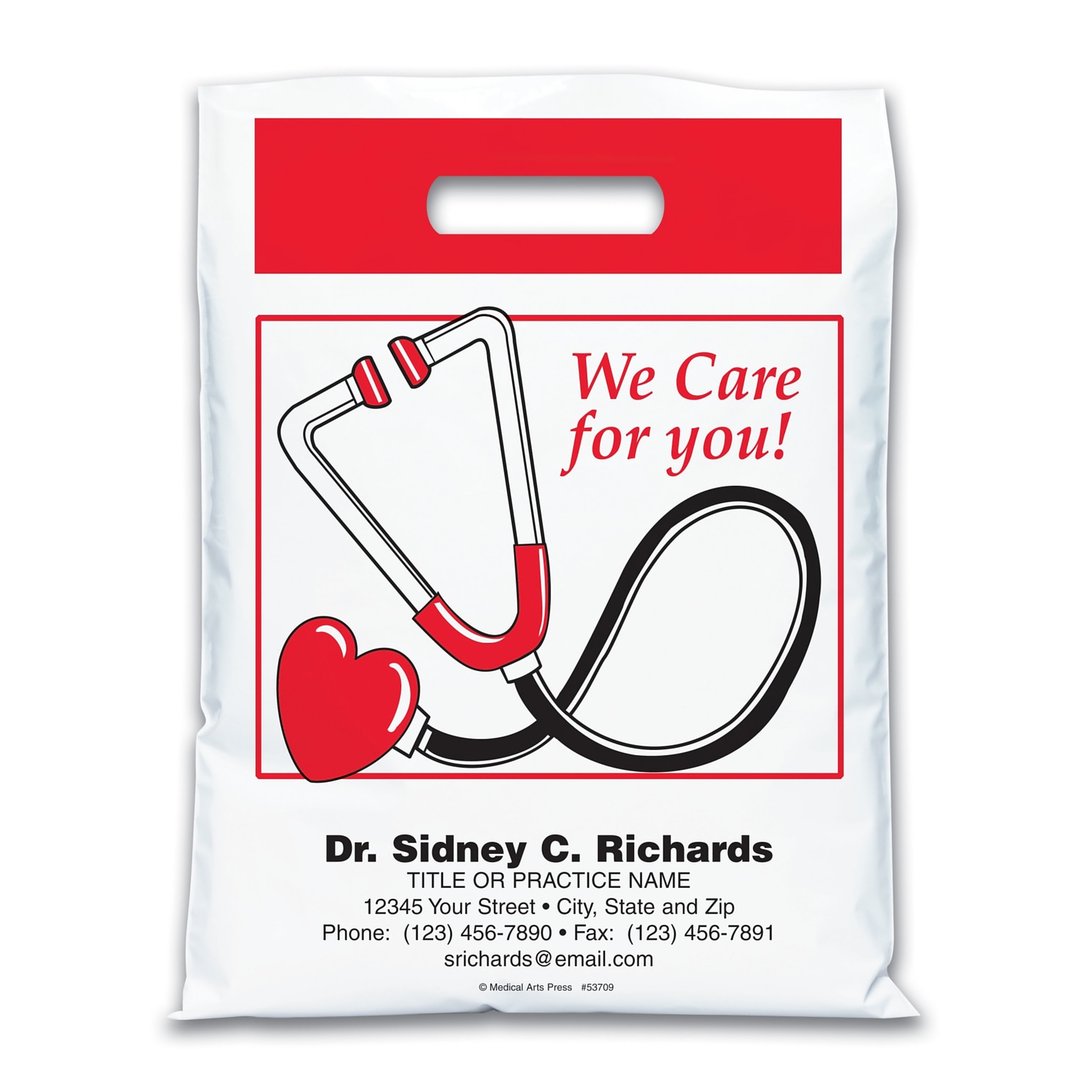 Medical Arts Press® Medical Personalized 2-Color Bags; 7-1/2x9, We Care for You/Heart Stethoscope, 100 Bags, (53708)