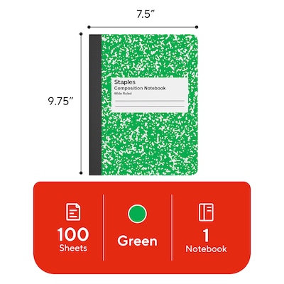 STAPLES Composition Notebook, 9.75” x 7.5”, Wide Ruled, 100 Sheets, Green Cover
