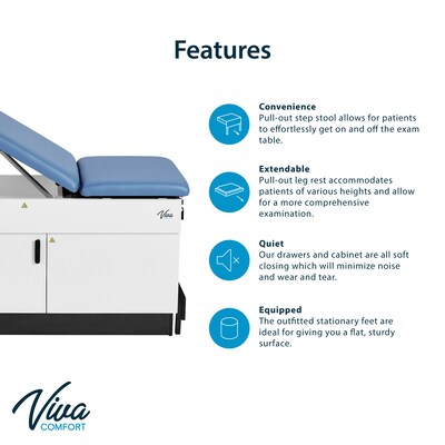 Viva Comfort Slimline Exam Table Base with Leg Rest, Step Stool, Drawers, Stirrups, 420 lbs Capacity, Blue (ADI996-FBSU-M2-BLU)