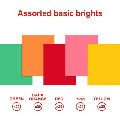 Staples 65 lb. Cardstock Paper, 8.5" x 11", Basic Brights Assorted, 100 Sheets/Pack (92105)