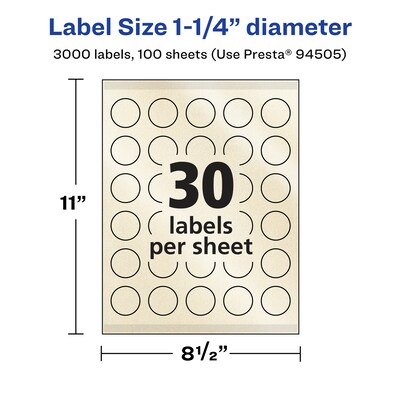 Avery Pearlized Ivory Circle Multipurpose Labels, 1.25" Dia., Ivory, 3000/Box (94505)