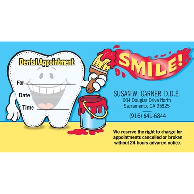 Medical Arts Press® Single-Imprint Peel-Off Sticker Appointment Cards; Standard, Smiley Tooth