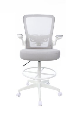 Boss Flip Arm Mesh/Fabric Stool with Footrest and Lumbar Support, Gray/White (B16366WT-GY)