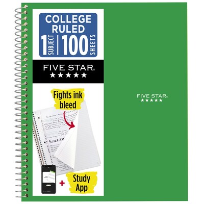 Five Star Wirebound Notebook, 1-Subject Notebook, 8.5 x 11, College Ruled, 100 Sheets, Green (72055)