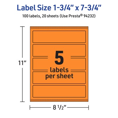 Avery Laser/Inkjet Multipurpose Rectangle Labels, 1.75" x 7.75", Bright Orange, 100/Pack (94232)