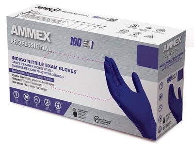 Ammex Professional Series Powder Free Nitrile Exam Gloves, Latex Free, XL, Indigo, 100/Box (AINPF481