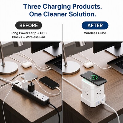Uncaged Ergonomics Wireless Cube Power Strip with 15W Wireless Charger, 4 AC Outlets, 4 USB Ports, 10' Cord, White (WC-10-W)