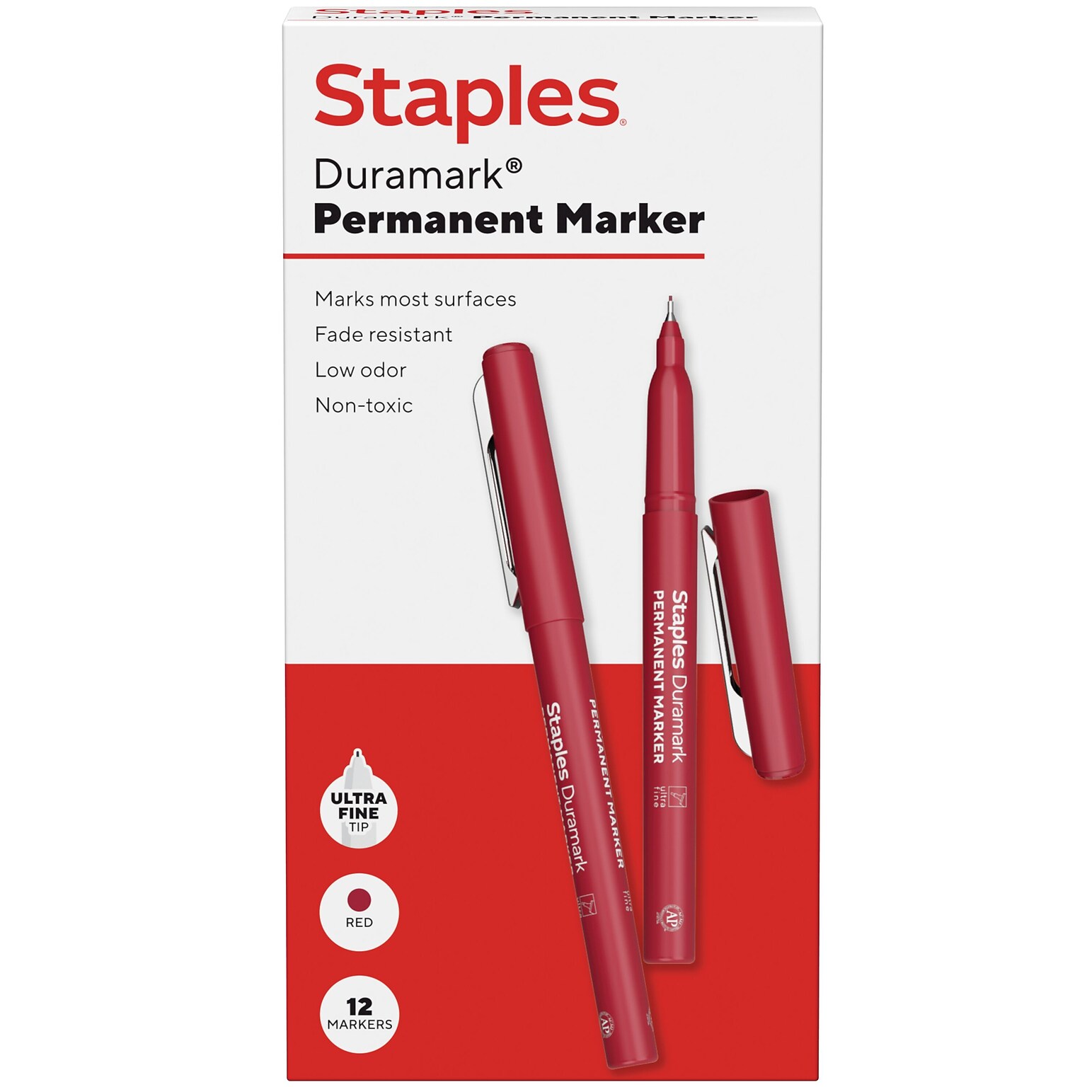 Staples Duramark Permanent Marker, Ultra Fine Tip, Red, Dozen (ST62947)