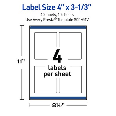 Avery Rectangle Laser/Inkjet Multipurpose Labels, 4" x 3-1/3", White, 40/Pack (19479370993)