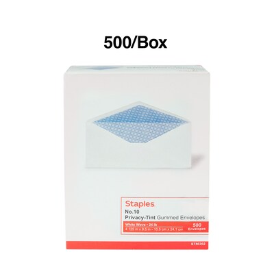 Staples® Gummed Security Tint #10 Envelope; 4-1/8" x 9-1/2", White, 500/Box (200519/19260)