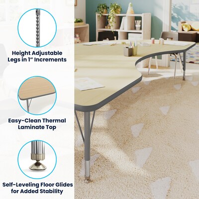 Flash Furniture Wren Kidney Activity Table, 96" x 48", Height Adjustable, Light Natural Top/Silver Frame (XUA4896KDLNTP)