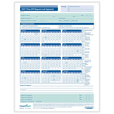 ComplyRight 2027 Time Off Request and Approval Calendar, 50 Forms/Pack (A0037)