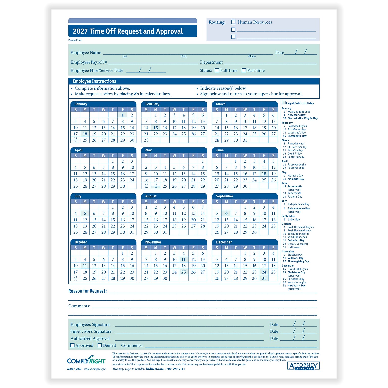 ComplyRight 2027 Time Off Request and Approval Calendar, 50 Forms/Pack (A0037)