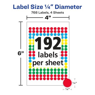 Avery Hand Written Color Coding Labels, 1/4" Dia., Assorted Colors, 192 Labels/Sheet, 4 Sheets/Pack (5795)