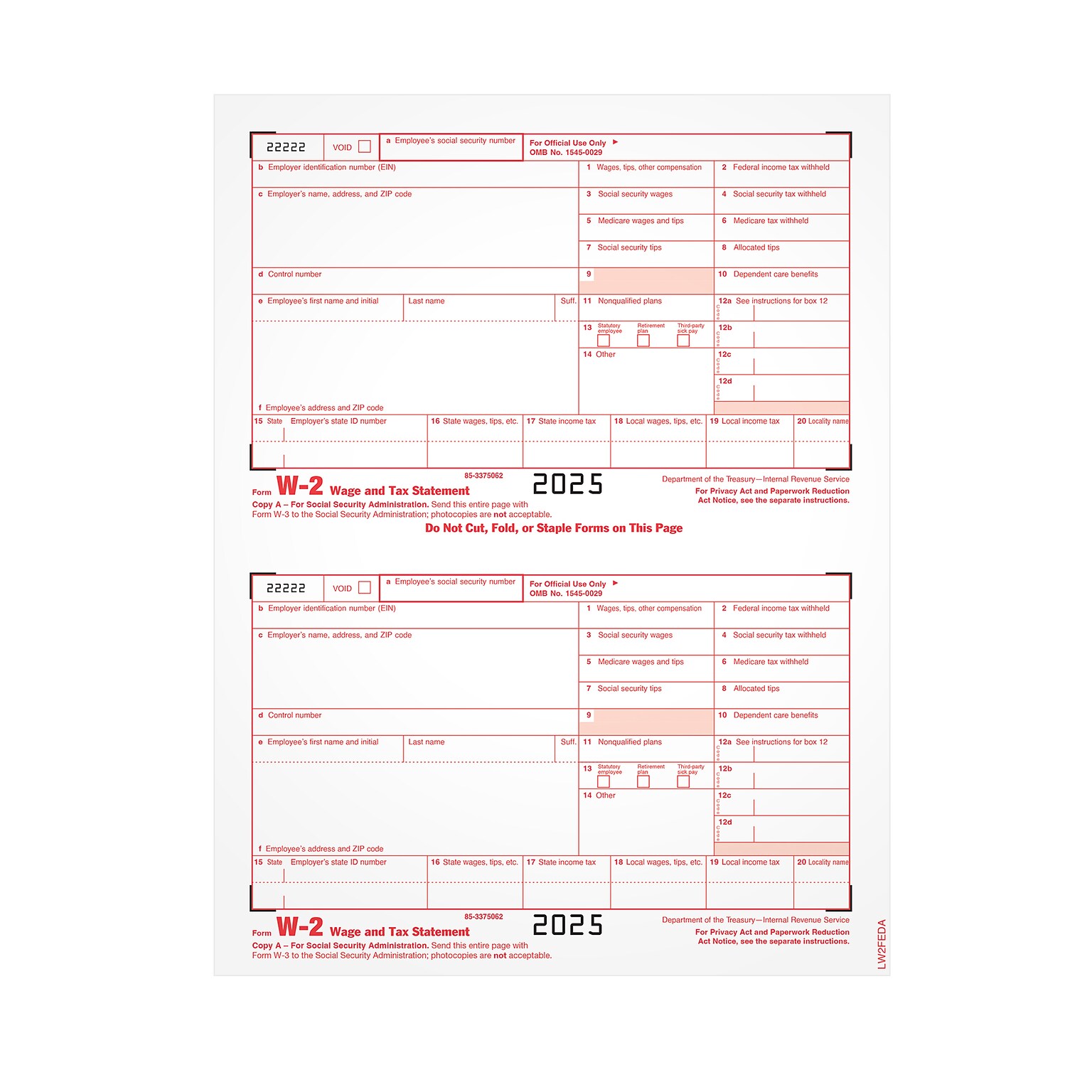 Adams Employees Copies Cut Sheet 2025 W-2 Tax Form, 1-Part, Copy A, 100/Pack (LW2FEDAW3)