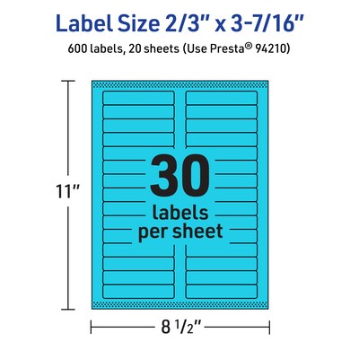 Avery Printable Rectangle Multipurpose Labels, 2/3" x 3-7/16", Bright Blue, 600/Pack (94210)