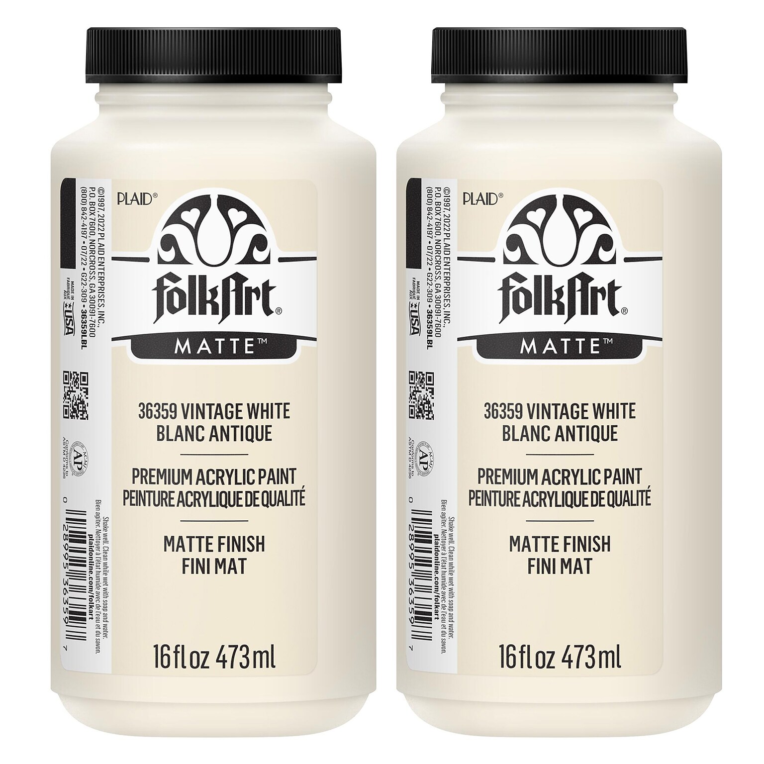 FolkArt Acrylic Paint Matte, 16oz., Vintage White, 2/Pack (FLK36359-2)