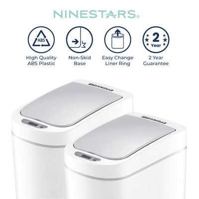 NineStars Plastic Indoor Automatic Sensor Trash Cans, 1.85 Gallons, White, 2 Count (DZT-7-2B)