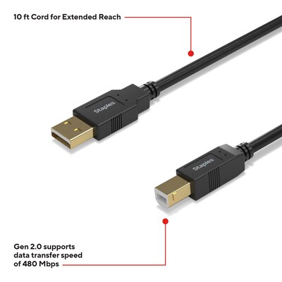 Staples TECH 10 ft. USB-A to USB-B 2.0 Cable, Male to Male, Black (ST62443)