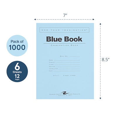 Roaring Spring Paper Products Exam Notebooks, 7" x 8.5", Wide Ruled, 6 Sheets, Blue, 1000/Case (77511CS)