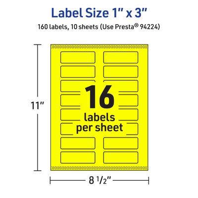 Avery Laser/Inkjet Multipurpose Rectangle Labels, 1" x 3", Neon Yellow, 160/Pack (94224)