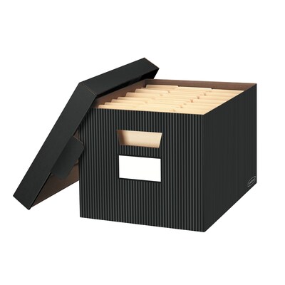 Bankers Box Stor/File Medium Duty 60% Recycled FastFold Corrugated File Box with Lid, Letter/Legal Size, Black/Gray, 4/Carton