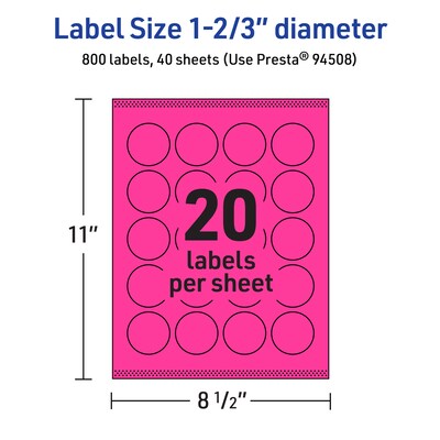 Avery Round Laser/Inkjet Multipurpose Labels, 1-2/3" Dia, Neon Magenta (800/Box)