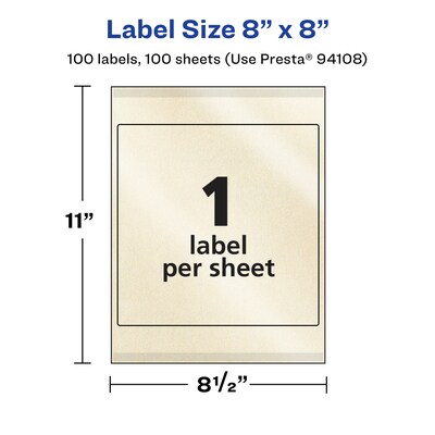 Avery Pearlized Ivory Square Multipurpose Labels, 8" x 8", Ivory, 100/Box (94108)
