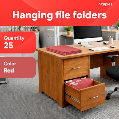 Staples® Hanging File Folders, 1/5-Cut Tab, Letter Size, Red, 25/Box (ST163535-CC)