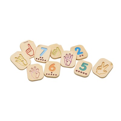 Plan Toys, Wooden Hand Sign Numbers 1-10 Tiles, Multicolored, 10/Pack (PTS5655)