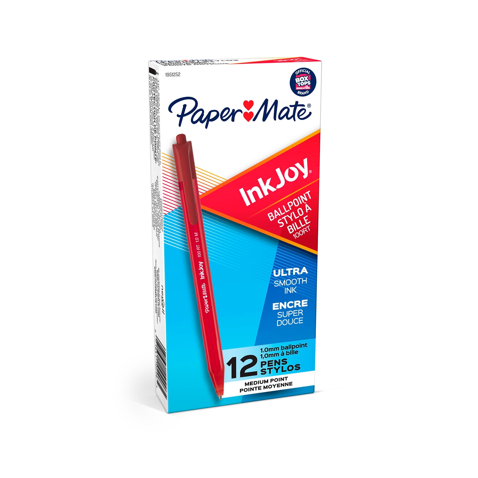 Paper Mate InkJoy 100 Retractable Ballpoint Pen, Medium Point, Red Ink, 12/Pack (1951252)