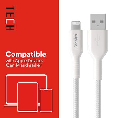 Staples TECH Lightning to USB-A Charging Cable, 6.6 ft., White (ST62331)