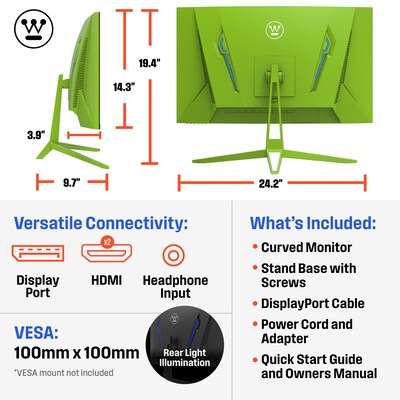 Westinghouse RX6250 27" Curved FHD 200Hz LED AMD FreeSync Gaming Monitor, Built in Speakers, Green (WC27RX6250G)