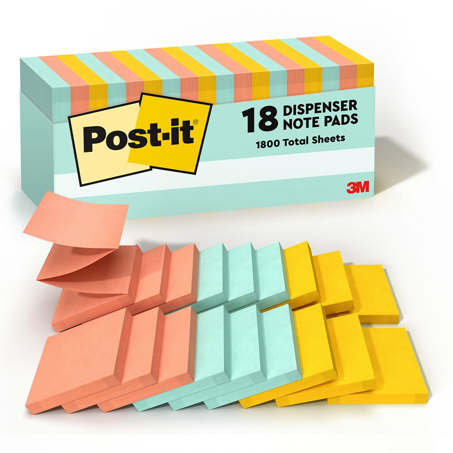 Post-it Pop-up Sticky Notes, 3 x 3, Beachside Café Collection, 100 Sheets/Pad, 18 Pads/Pack (MMMR33018APCP)
