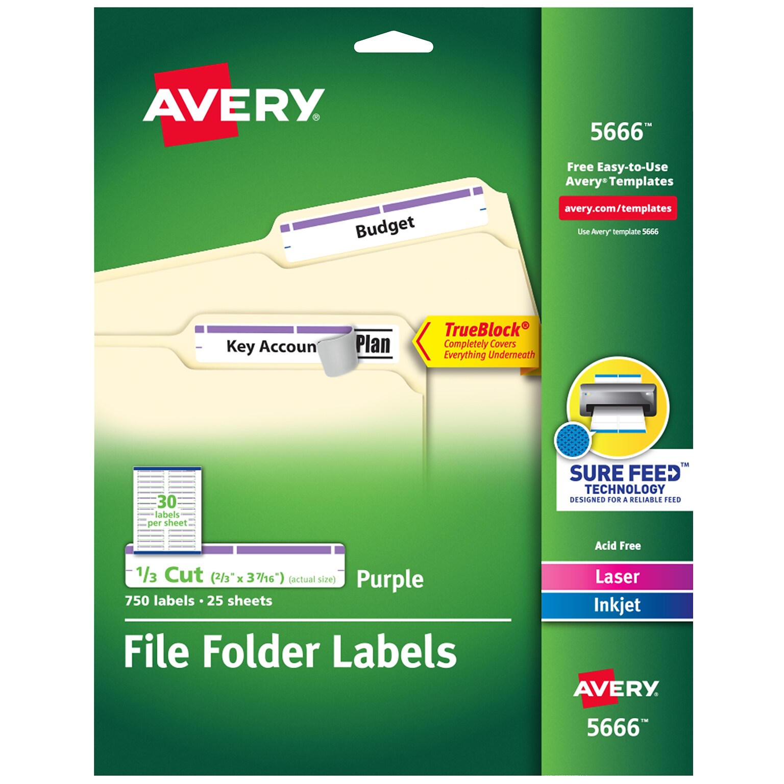Avery TrueBlock Laser/Inkjet File Folder Labels, 2/3 x 3-7/16, White/Purple, 750 Labels/Pack (5666)